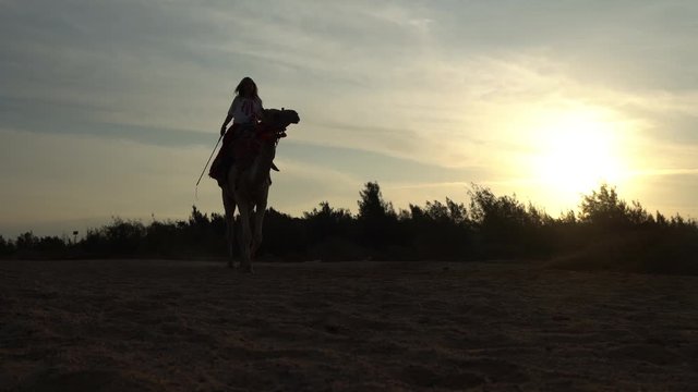 Eine Frau reitet auf einem Kamel in der W&uuml;ste, Silhouette im Gegenlicht vor dem Sonnenuntergang