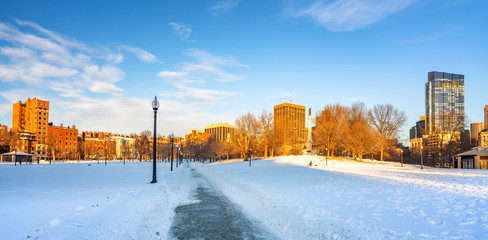 View on Boston common at winter sunset
