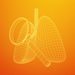 Lungs with trachea bronchi internal organ human with magnifying glass. Pulmonology medicine science analysis concept. Wireframe low poly mesh vector illustration