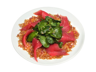Healthy fresh salad with tuna, spinach, fried onion and sesame