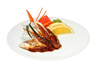 Sashimi set with eel on white round plate
