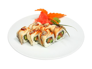 Rolls with avocado, eel and salmon on white round plate isolated