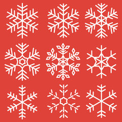 Naklejka na ściany i meble Snowflake vector icons set isolated on red background