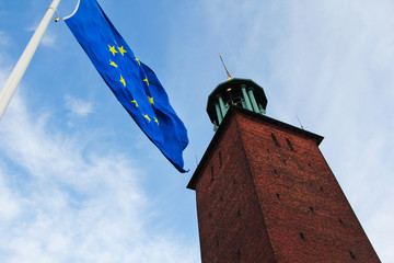 european union flag in front of old building in Stockholm Sweden vintage stars