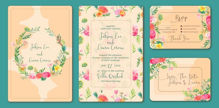 wedding invitation set with beautiful floral background watercolor