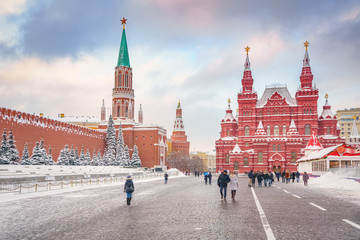 View on red square and kremlin in Moscow at winter snowy day, Russia
