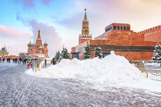 View On Red Square And Kremlin In Moscow At Winter Snowy Day, Russia