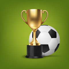 Realistic Vector 3d Golden Champion Cup, Soccer Ball Set Closeup on Green Background. Design Template of Championship Trophy. Sport Tournament Award, Gold Winner Cup, Victory Concept