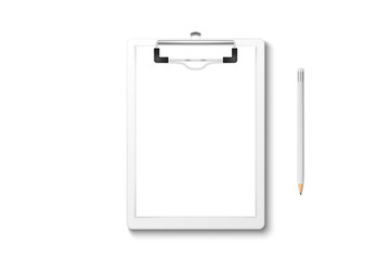 Fototapeta na wymiar Vector 3d Realistic White Clipboard with Blank Paper, Metal Clip, Wood Pencil Set Closeup Isolated on White Background. Design Template for Notes, Mockup, Checklist, Questionnaire, Reminders