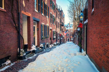 Boston old narrow street at snowy winter