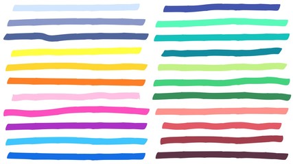 Color highlight marker lines strokes. Colorful highlights, markers stripes and yellow line highlight. Colorful marker sketch, ink brush drawing doodle. Isolated vector signs set - obrazy, fototapety, plakaty