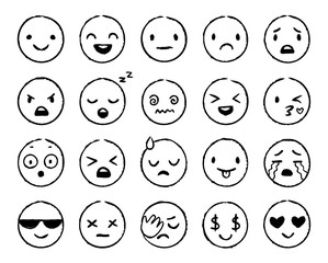 Hand drawn emoji. Doodle emoticons, smile face sketch and grunge ink brush emojis doodles. Emotion mood sketching, comic faces emoji avatar. Isolated vector symbols set