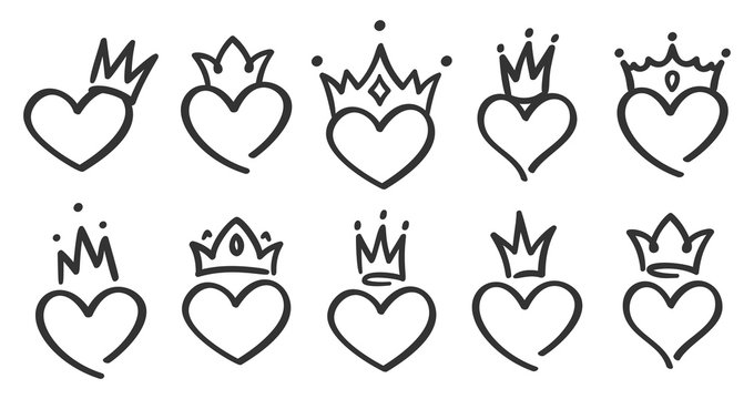 Hand drawn crowned hearts. Doodle princess, king and queen crown on heart, sketch love crowns. Wedding card logo, doodle hearts in crowns. Isolated vector symbols illustration set
