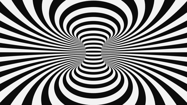 Black and white psychedelic optical illusion. Abstract hypnotic animated background. Spiral geometric looping monochrome wallpaper