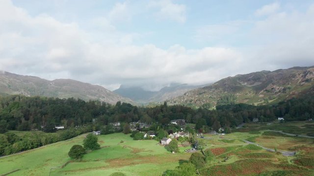 Aerial View over Scenic Village in Lake District