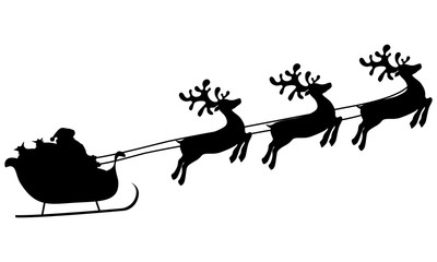 Christmas reindeers are carrying Santa Claus in a sleigh with gifts.