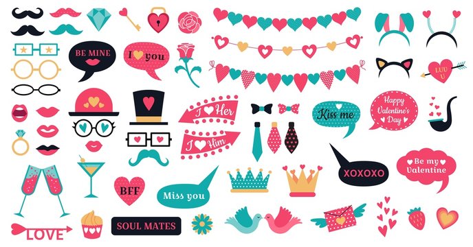 Photo booth props Valentine Day. Love hearts prop, kiss lips and heart shapes bunting. 14 February or wedding romantic hipster photo props. Isolated vector symbols set