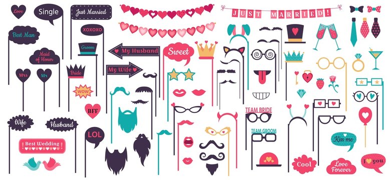 Photo booth props. Wedding speech bubble frames, doodle love heart frame, mustache and glasses on prop. Marriage day photo props decoration. Isolated vector signs set