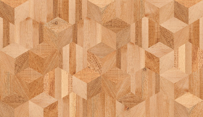 Brown wooden wall with cube and hexagonal pattern. Natural wood texture for background.