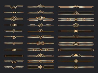 Golden art deco dividers. Vintage gold ornaments, decorative divider and 1920s header ornament. victorian deco interior dividers, luxury geometric borders. Isolated vector signs set - obrazy, fototapety, plakaty