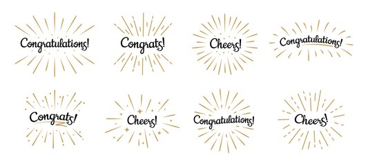 Congratulations lettering. Congrats label, cheers celebration and congratulation text badges with golden burst. Congrats quotation card. Isolated vector symbols set - obrazy, fototapety, plakaty