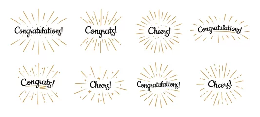 Foto op Aluminium Congratulations lettering. Congrats label, cheers celebration and congratulation text badges with golden burst. Congrats quotation card. Isolated vector symbols set © Tartila