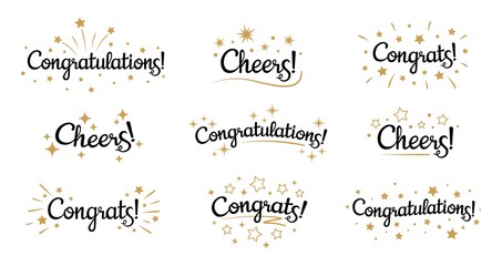 Congrats lettering. Congratulation text labels, cheers sign decorated with golden burst and stars and congratulations. Congratulate letter hand writing ink logo. Isolated vector signs set