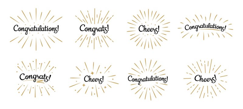 Congratulations lettering. Congrats label, cheers celebration and congratulation text badges with golden burst. Congrats quotation card. Isolated vector symbols set