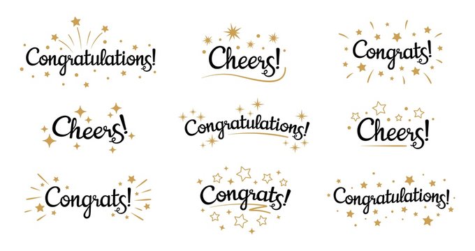 Congrats lettering. Congratulation text labels, cheers sign decorated with golden burst and stars and congratulations. Congratulate letter hand writing ink logo. Isolated vector signs set