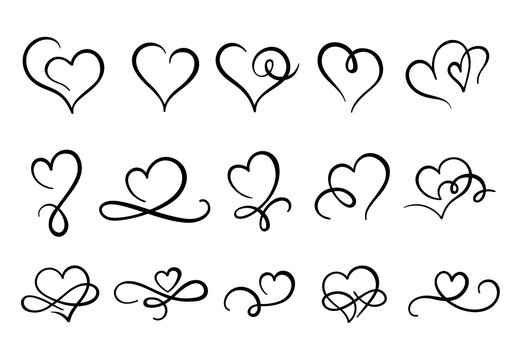 Love hearts flourish. Heart shape flourishes, ornate hand drawn romantic hearts and valentines day symbol. February 14 greeting card logo, valentine line sketch sign. Isolated vector icons set