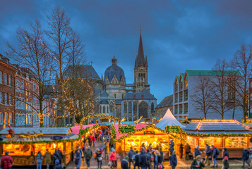 Aachen Cathedral and the annual Aachen Christmasmarket during blue hour 