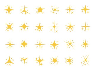 Sparkling stars. Shiny sparks, glitter light star and sparkle elements. Gold christmas card glow stars, yellow starburst shining sparkles. Isolated vector signs set