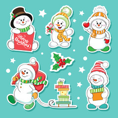 Christmas collection of patches with snowmen on a blue background. Christmas and New Year concept