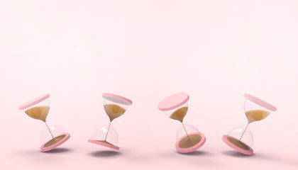 Time Concept Hourglass Sand running through as time passing concept for business inspiration deadline  on Pink pastel  background with copy space - 3d rendering