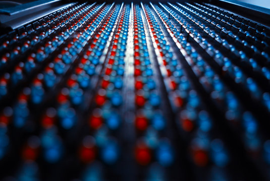 Red And Blue Led Lamps In Perspective Texture Bokeh Background