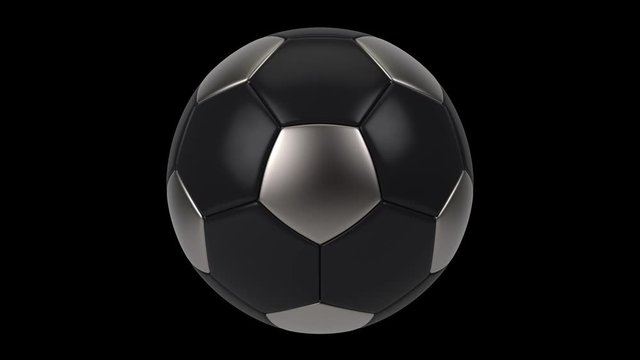 Realistic black and iron soccer ball isolated on black background. 3d looping animation.