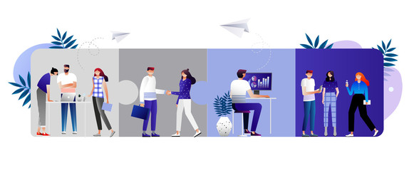 Team metaphor. Business concept. people connecting puzzle elements. Vector illustration flat design style. Symbol of teamwork, cooperation, partnership.