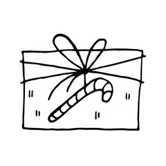 Christmas present vector doodle illustration. Present box with sweet. Christmas, New Year gift. Rectangle present box.