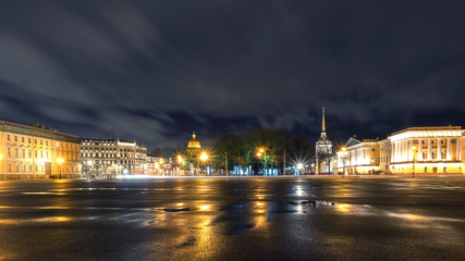 Fototapeta na wymiar Panorama of the night St. Petersburg. City landscape with a view of St. Isaac's Cathedral and the Admiralty from Palace Square