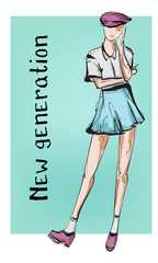 Beautiful young women in a white blouse and a blue skirt. Hand drawn stylish woman. Fashion lady. Outfit Sketch. Fashion model posing. Hand drawn fashion woman.