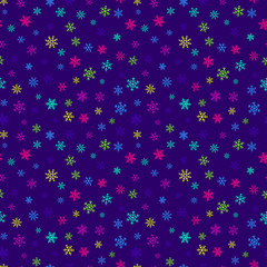 Snowflakes seamless pattern. Vector background with bright neon colorful snowflakes on purple backdrop. Funky texture. Winter holidays theme. Cute repeat design for decor, wallpaper, print, wrapping
