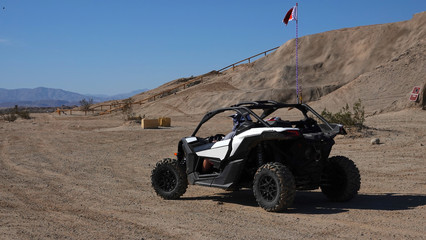 A dune buggy driving off-road in the desert at Truckhaven in Ocotillo Wells state park.