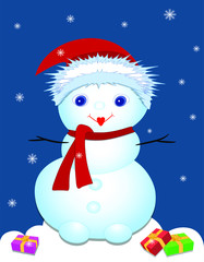 Snowman in a hat, scarf. New year gift. Blue with snowflakes. Vector