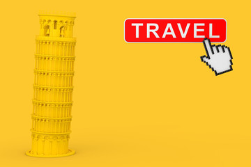 Yellow Leaning Pisa Tower with Travel Button and Pixel Icon Hand. 3d Rendering