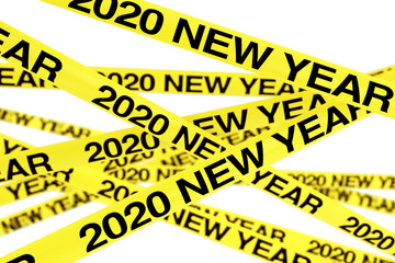 Caution Yellow Tape Strips with 2020 New Year Sign. 3d Rendering