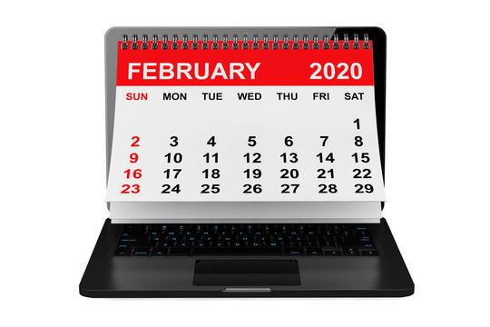 February 2020 calendar over laptop screen. 3d rendering