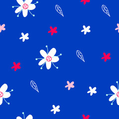 Fototapeta na wymiar Abstract floral seamless pattern in doodle style in vector over trendy 2020 color classic blue. Sweet colorful flowers pattern for textile, fabric, wrapping