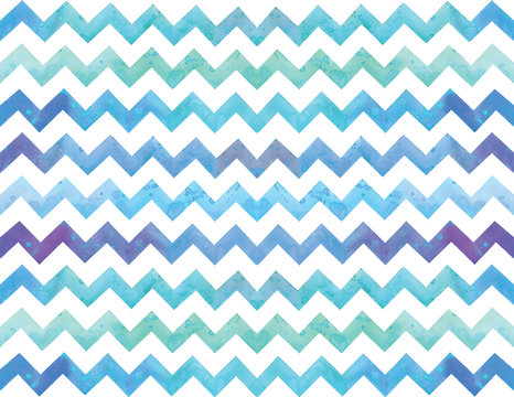 Stock illustration. chevron seamless pattern, background. Watercolor drawing zigzag ornament. blue, purple, indigo, white, striped. For wallpaper, textile design, wrapping paper. the colors of the sea