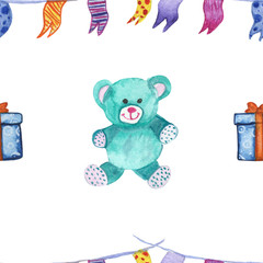 Watercolor hand painted children toys  set seamless pattern with blue teddy bear, blue gift box with orange tape and bow, multicolored holiday celebration garland with flags isolated on the white