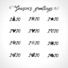 2020 Season's greetings logos. Creative black and white set of ideas. Merry Christmas and A Happy New Year seasonal calender numbers with brushing script. Abstract isolated graphic web design template